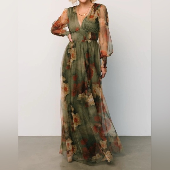 Baltic Born Green Long Sleeve Tulle Maxi Dress V Neck Fall Floral Medium - Picture 1 of 11